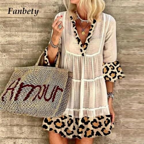 Women Vintage Pachwork Leopard Party Dresses 2021 Spring Summer 3/4 Sleeve Loose Dress Casual V Neck A-Line Beach Dress Vestidos