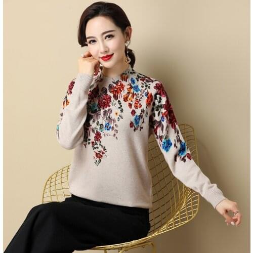 Women Vintage Printing Jumper Cashmere Sweater Elegant Ladies Floral Printed Blouse Long Sleeve Knit Sweaters Pullovers
