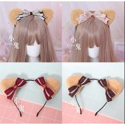 Japanese Sweet Lolita Furry Bear Ears Bow Hair Band Hair Accessories Kawaii Womens Korean Cosplay KC Headband Hair hoop B472