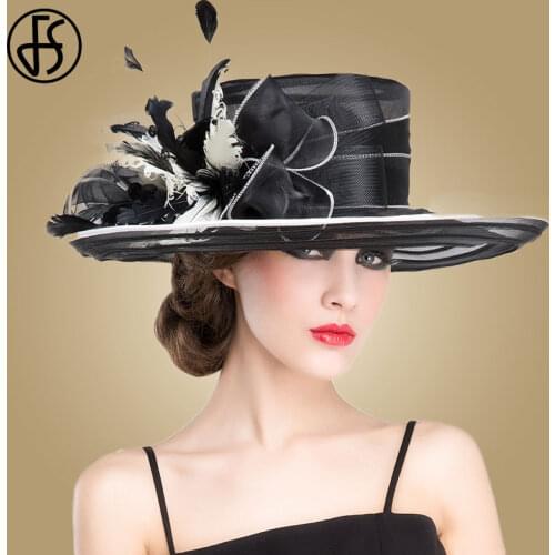 FS Large Black Sun Hat Wide Brim Fedora Hats For Women Black Organza Summer Hats Church Bowler Flat Hats Sombrero Femme