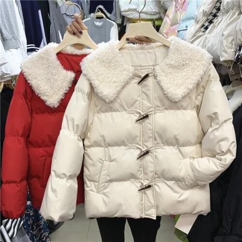 2020 Winter New Horn Button Cotton Coat Female Loose Sweet Preppy Style Lambswool Collar Single Breasted Thick Padded Jacket