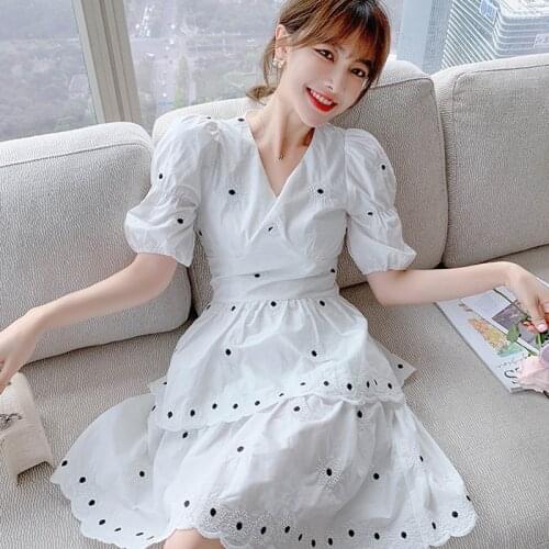 Vestido De Mujer 2021 Summer New French V-Neck Embroidery Wave Point White Dress Femme Sexy Robe One-Piece Korean Women Vestidos