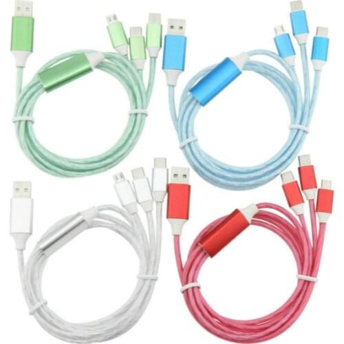 1.2M LED Flowing 3 in 1 Micro USB Type C 8Pin Multi Charger Cable Fast Charging Wire Cord for iPhone Xiaomi Huawei Mobile Phones