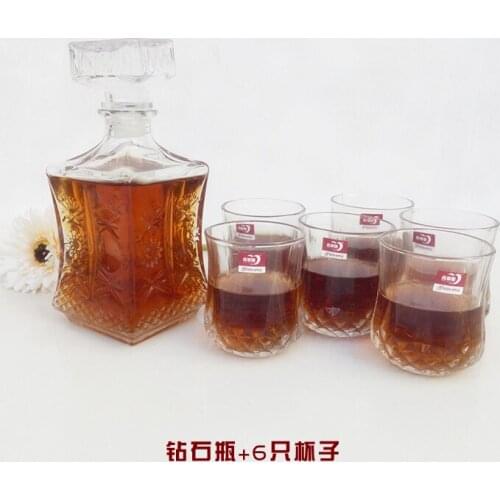 1 SET Crystal Glass Wine Bottle with 6 Glass Cups Square Wine Decanter Wine Carafe Whiskey Bottle Jug Container Levo Bar J1085