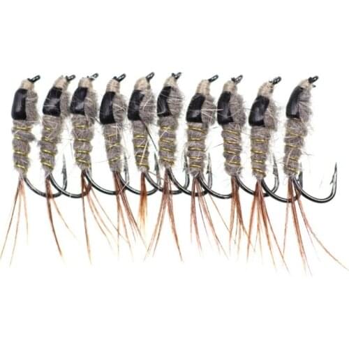 10 pcs/set Avenger Fast Sinking Black back rabbit ear Wire Tungsten Bead Head Nymph Flies Trout Fly Fishing Lures #12