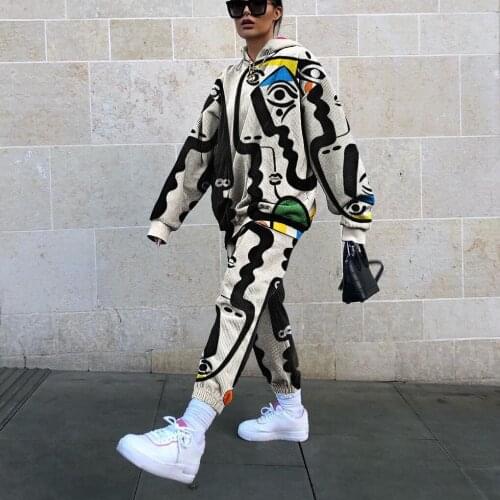 Digital Printing 2PCS Suit Urban Casual Corduroy Fashion Womens Suit S-2XL Plus Size Pullover Hooded Sweater + Pant