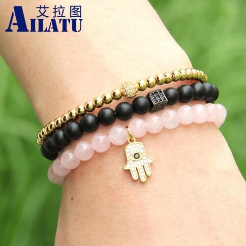 Ailatu Fashion Brand Jewelry 6mm Matte Onyx Stone with Micro Inlay Black Zircons Square Beads Bracelet