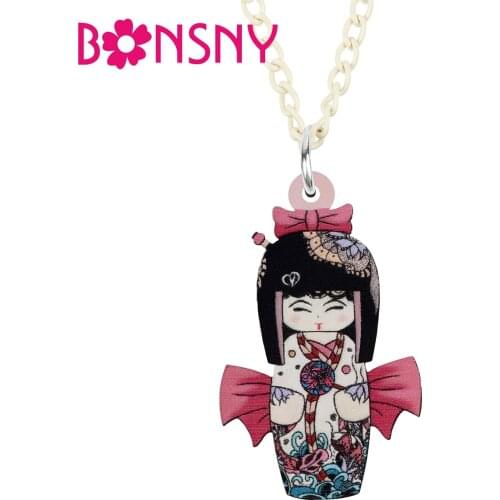 BONSNY Acrylic Pink Cute Japan Kimono Doll Necklace Pendant Novelty Long Chain Jewelry For Women Girl Charms Teens Gifts