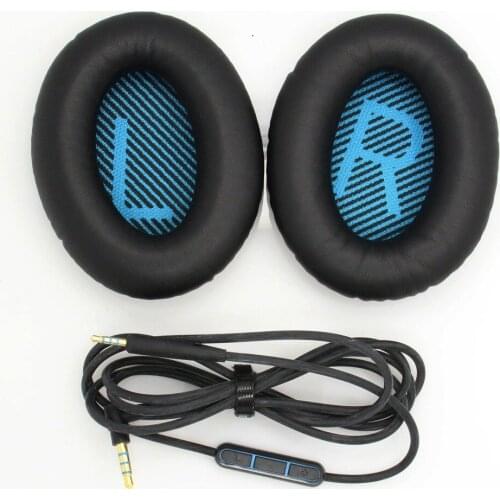 Black Replacement Ear Pads Earpads & Audio Cable Cord with Mic for Bos QC25 Headphones