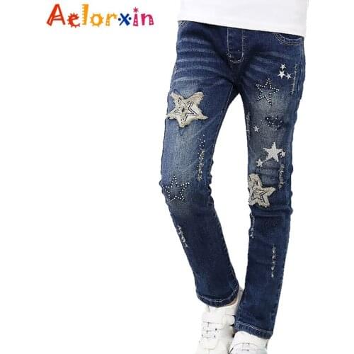 Girls Denim Pants High Quality Spring Kid Clothing Autumn Girl Trousers Fall Children Jean Pants Leggings Patchwork Star 2 10 12