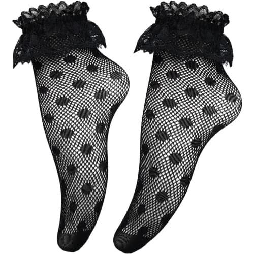 Polka Dot Lace Socks Black Vintage Lolita Style Girls Frilly Fishnet Socks New Fashion Hollow Out Summer Short Sock For Women