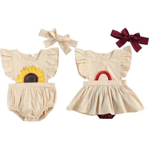 0-24M Summer Cute Baby Girls Boys Bodysuits Sunflowers Print Ruffles Short Sleeve Backless Jumpsuits Headband
