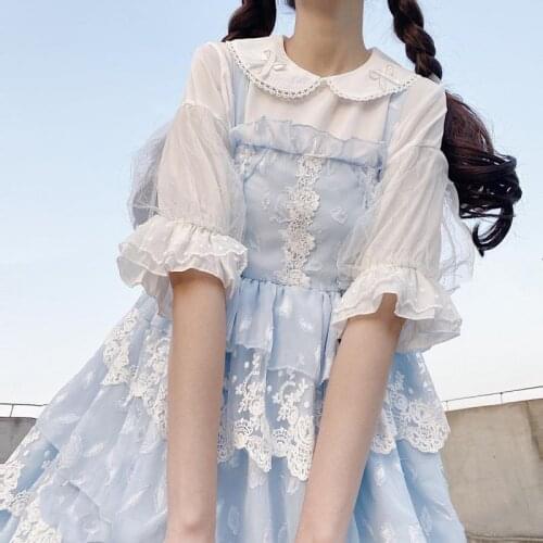 Summer Japanese Kawaii JSK Blouse Women Cute Peter Pan Collar Bow Lolita Chiffon Shirts Soft Girl Blusas Sweet White Girl Tops