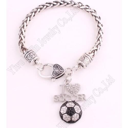 Fans Favorite Sports Jewelry Drop Shipping 0.95"*1.3" inches I LOVE Soccer 2D Pendant Wheat link Chain Lobster Claw Bracelets