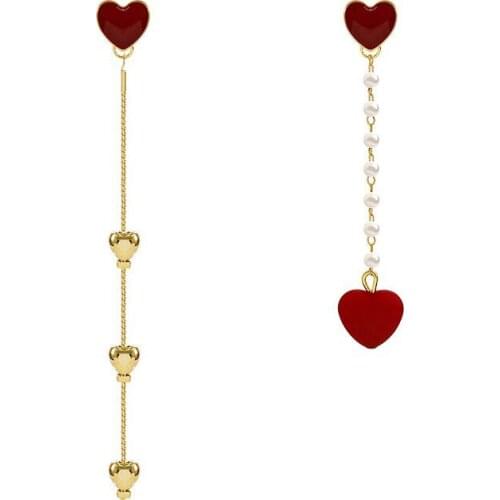 Fashion heart earrings woman Asymmetric pearl ball metal texture fashion earrings Metal golden red heart Drop earrings female