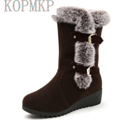 Fashion Women Boots Winter Warm Leather Round Toe Wedges Winter Snow Boots for Women Fur Mid-Calf Boots Winter for Girls Shoes