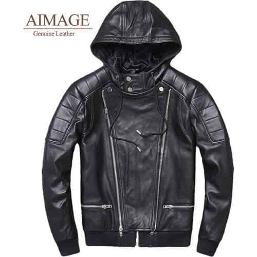 100% real men sheepskin jackets hooded men leather chaquetas hombre casual motorcycle jacket Soft Vintage Black clothing PY149