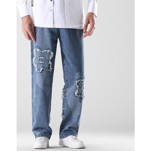 Korean Style Mens Wide Leg Jeans 2021 Autumn New Street Fashion Hole Patch Baggy Jeans Blue Straight Pants Male Brand Trousers