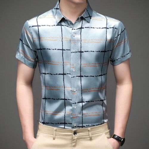 New Man Silk Clothes Summer Fashion Stripes Soft Shirt Male Casual Silk Streetwear Short Sleeve