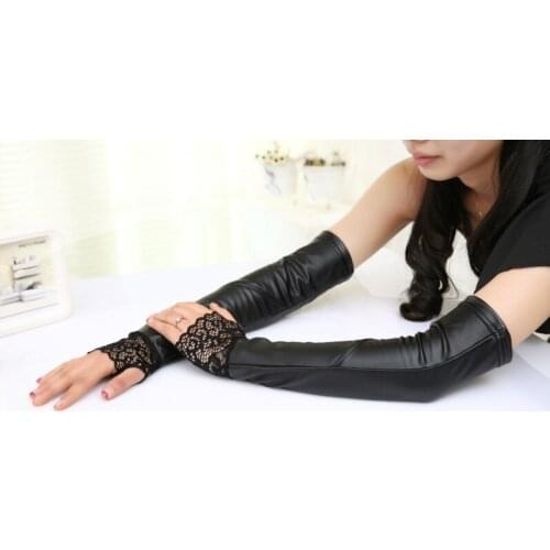 Fingerless black sexy warmer Disco dance costume party lace synthetic Leather gloves