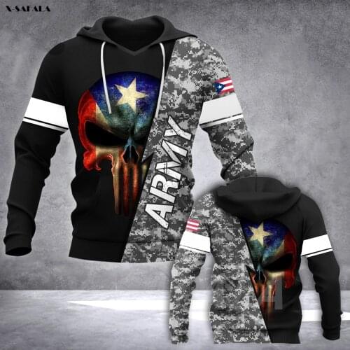 PUERTO RICO Army Soldier Skull 3D Printed Hoodie Man Female Zipper Pullover Sweatshirt Hooded Jersey Streetwear Tracksuits
