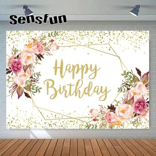 Sensfun Romantic Flowers Gold Glitter Photography Backdrop Lady Woman Happy Birthday Party Background Customized Photo Studio