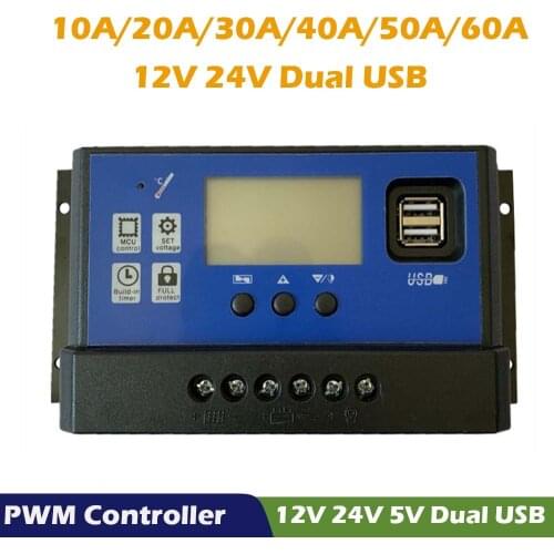 PWM Solar Charger Controller 60A 50A 40A 30A 20A 10A 12V 24V Battery Charger LCD Dual USB Solar Panel Regulator Max 50V PV Input