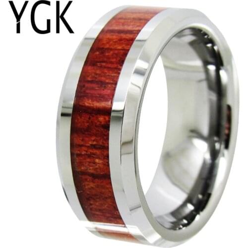 YGK Wedding Jewelry Lovers Ring Wood Inlay Silver Bevel Mens Tungsten Ring Bridegroom Wedding Engagement Anniversary Ring