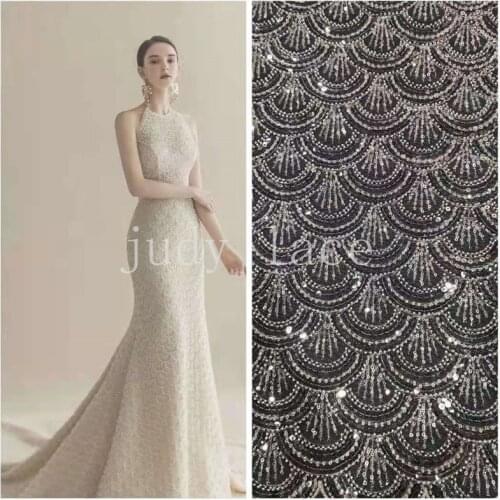 Stock 5yards/bag Sequin Tulle Embroidered Floral Fish Scale Pattern Beaded Luxury Fashion Fabric For Wedding Dress Design