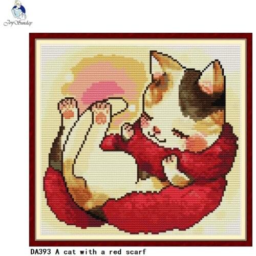 A Cat with a Red Scarf Cross Stitch Patterns 11CT Printed Fabric 14CT Canvas Counted Chinese Cross-stitch Embroidery Thread Sets