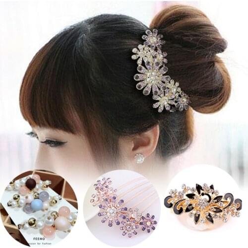 Elegant Women Crystal Flower Hairpin Metal Hair Clips for Women Hair Accessories Hairclips Hair Comb Hairstyle Styling Tool