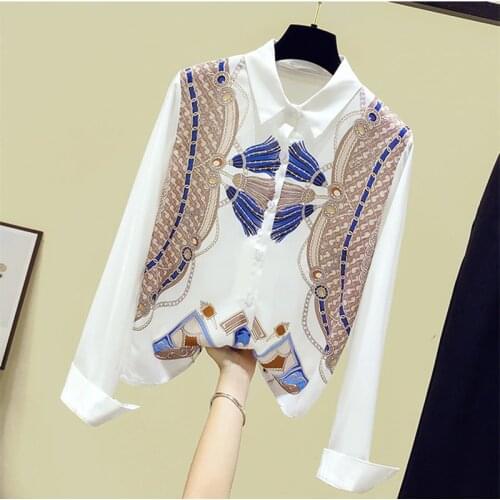 Luxury Design 2021 Autumn Fashion Womens Turn Down Collar Long Sleeves Europe Print Shirt Tops Ladies Blouses Shirts A3798