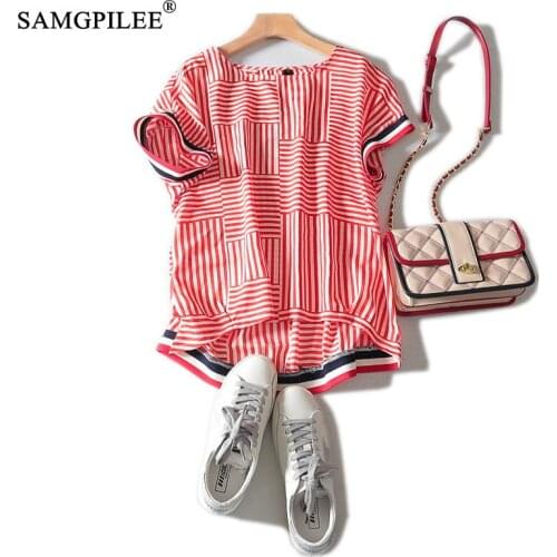 2020 Shirt Woman Summer Casual Tshirt Oversize Women Chiffon Short Sleeve Striped Shirts Woman O-neck Women Summer Clothes 3XL