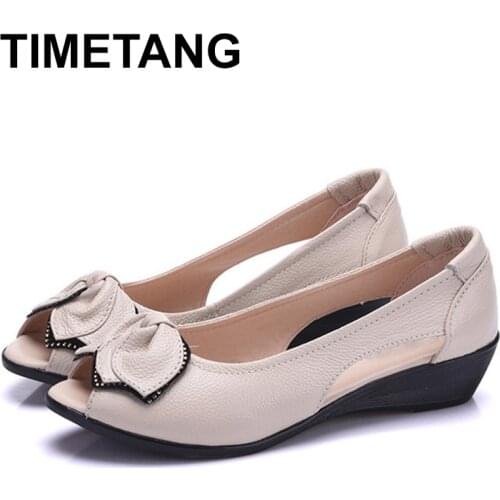 TIMETANGSummer PeepToe Ladies Sandals Wedge LowHeel 4CM Open Toe Genuine Leather Flat Sandals For Women Slip-On Summer ShoesE551