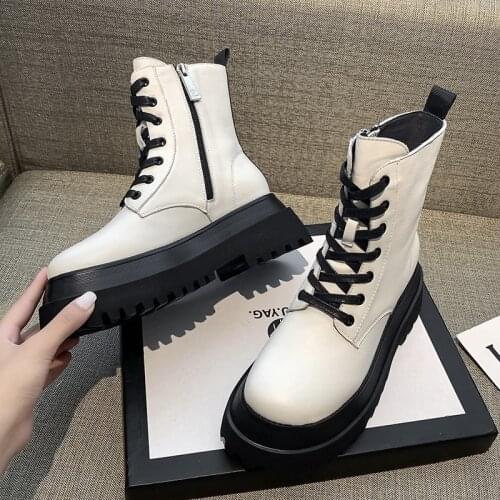 2020 White Soft Leather Ankle Boots Women Platform Motorcycle Booties Female Autumn Winter Shoes Woman Goth Short Botas De Mujer