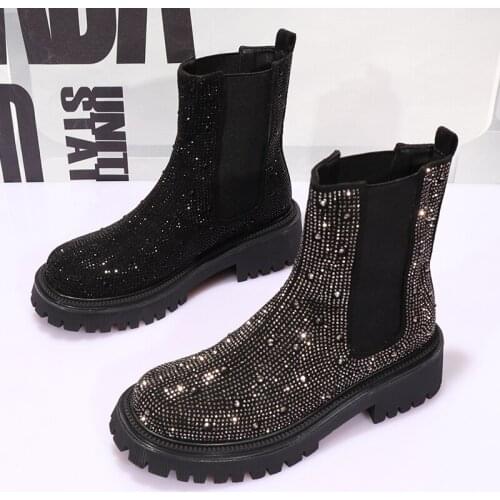 Spring Woman Military Boots Girls Rhinestone Ankle Shoes Women Platform Flats Ladies Chelsea Boots Female Brand Motorcycle Boots