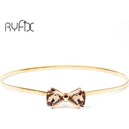 Front Bowknot Buckle metal chain womens decoration elastic spring Gold Crystal thin belt cummerbund waistband for dress BL369