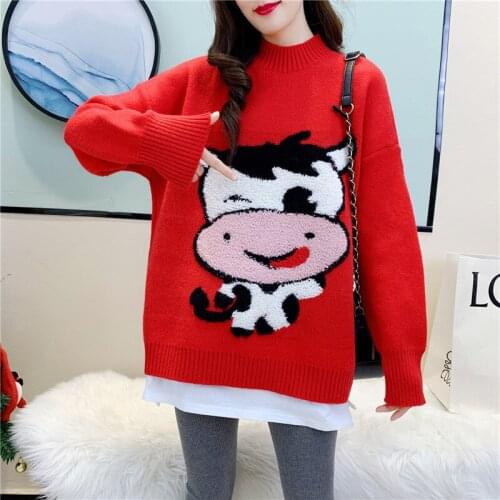 2021 China Bull Year Sweater Woman New Year Knit Sweater Chinese Aesthetics Clothes Red Blue Vintage Loose Body Kawaii Pullovers