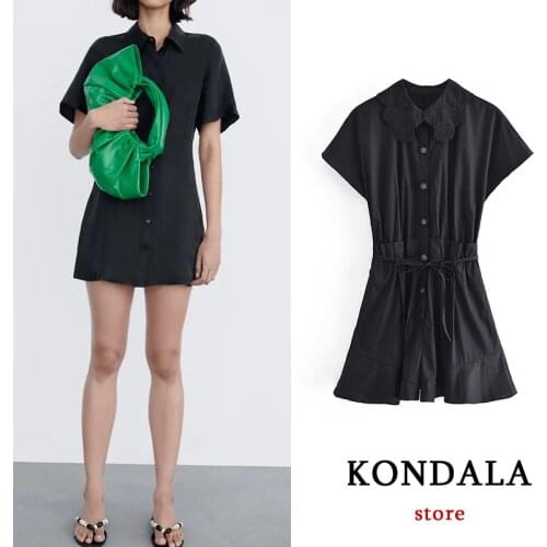 KONDALA Women Chic Black Mini Shirt Dress Za 2021 Single Button Sashes A-Line Ruffles Elegant Dress Short Sleeve Summer Vestidos