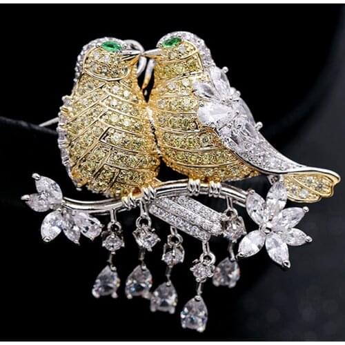 Zlxgirl Great Yellow cubic zircon Two birds wedding brooches for women gifts perfect rhodium silver copper Hijab pins accessory