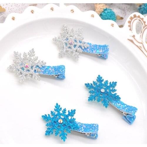 20pcs/lot Rhinestone Glitter Snowflakes Girls Hair Clips Leather Lined Prong Hairpins Christams Party Barrettes Kids Accessories