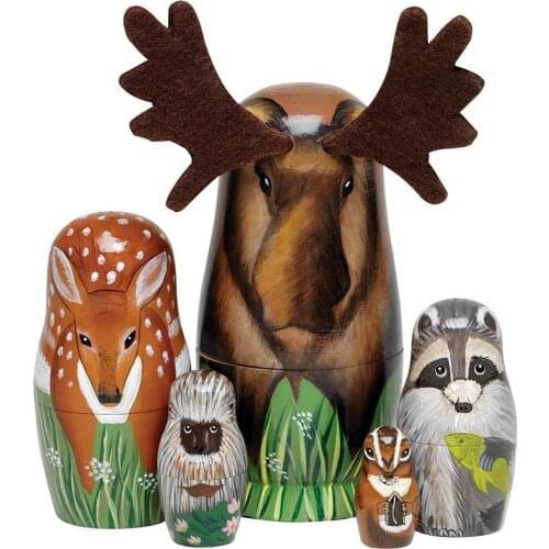 5Pcs/Set Hand Painted Wooden Nesting Dolls Matryoshka Deer Animal Figurines Toy Tabletop Ornaments Toys Gift Crafts