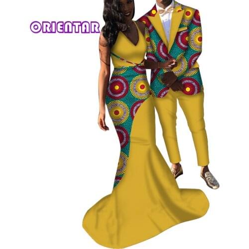 African Clothes Couple Suit Set African Print Long-sleeved Mens Two-piece Set Womens Long Dress Plus Size Suit M-6XL WYQ386