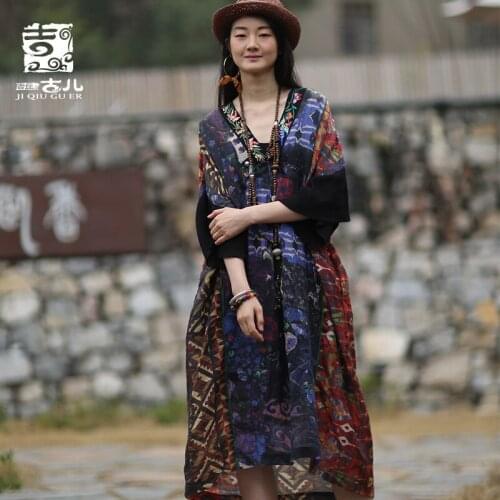 Chichuguer ethnic womens long skirt summer retro print stitching loose ramie Dress Medium Length