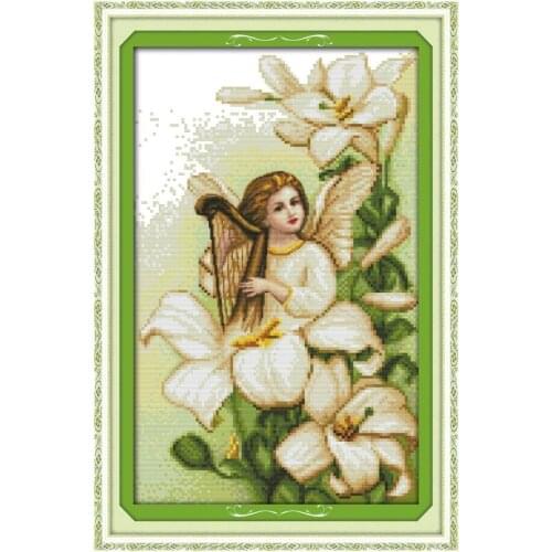 Joy Sunday Lily Angel Girl Home Decor DIY Hand Embroidery Cross Stitch Kits11&14CT Angel Patterns Printed Canvas Needlework Sets