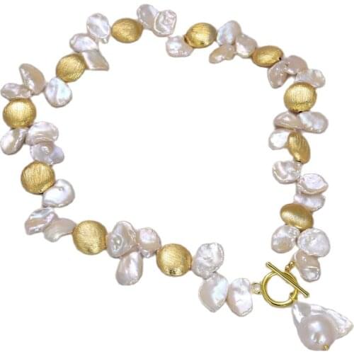 GuaiGuai Jewelry 18'' White Keshi Pearl Gold Color Plated Coin Bead Necklace Keshi Pearl Pendant