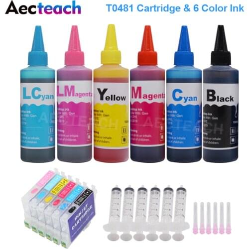Aecteach T0481 - T0486 Dye Ink Cartridges For Epson Stylus Photo R200 R220 R300 R300M Printer + 6×100ml Bottle Ink Refill kits