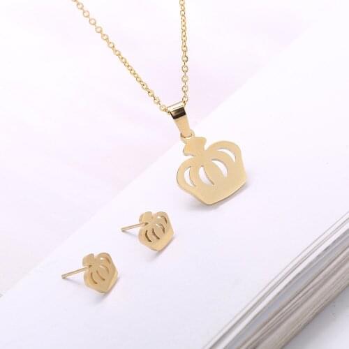 2PCS Fashion Crown Clavicle Necklace Earrings Set Ornaments Simple Temperament Stainless Steel Trend Retro Premium Accessories