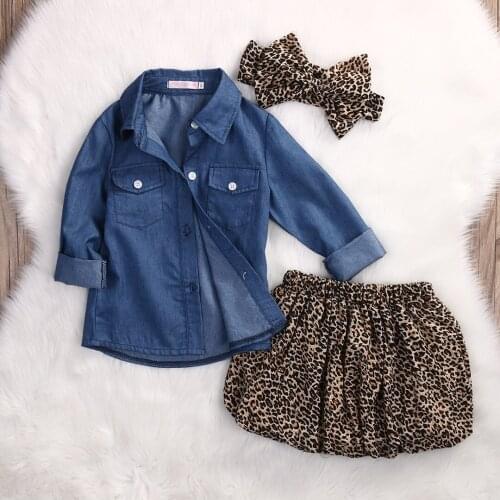 3 PIECES Toddler Baby 0-5 Y Girls denim shirt And Leopard Dress And headband Kids Clothes Outfit