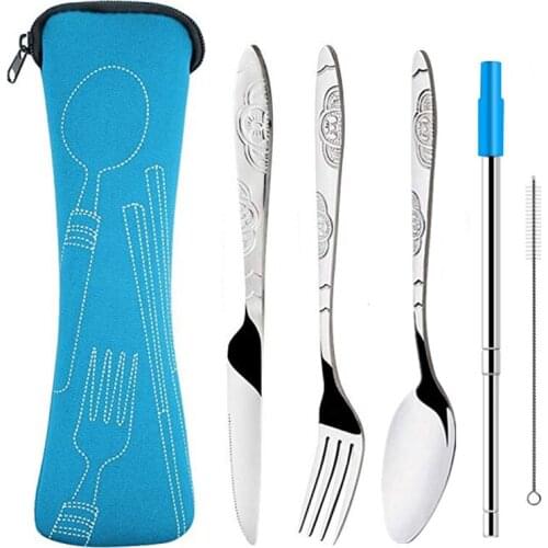 5Pcs/set Portable Stainless Steel Cutlery Set Flower Painting Fork Dinner Tableware Set Tableware Case Kit For Camping Outdoor
